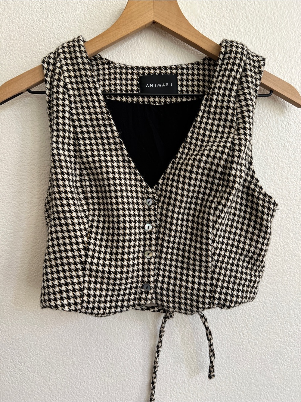VAN DE VORT Animari Structured Tweed Houndstooth Cropped Vest Lace-Tie Back